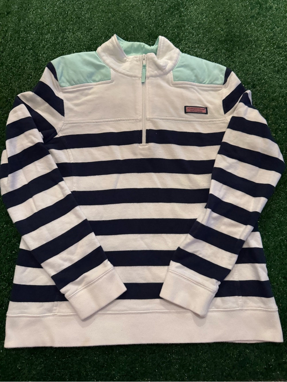 Vineyard Vines white and navy striped Blue Quarter Zip Shep pullover